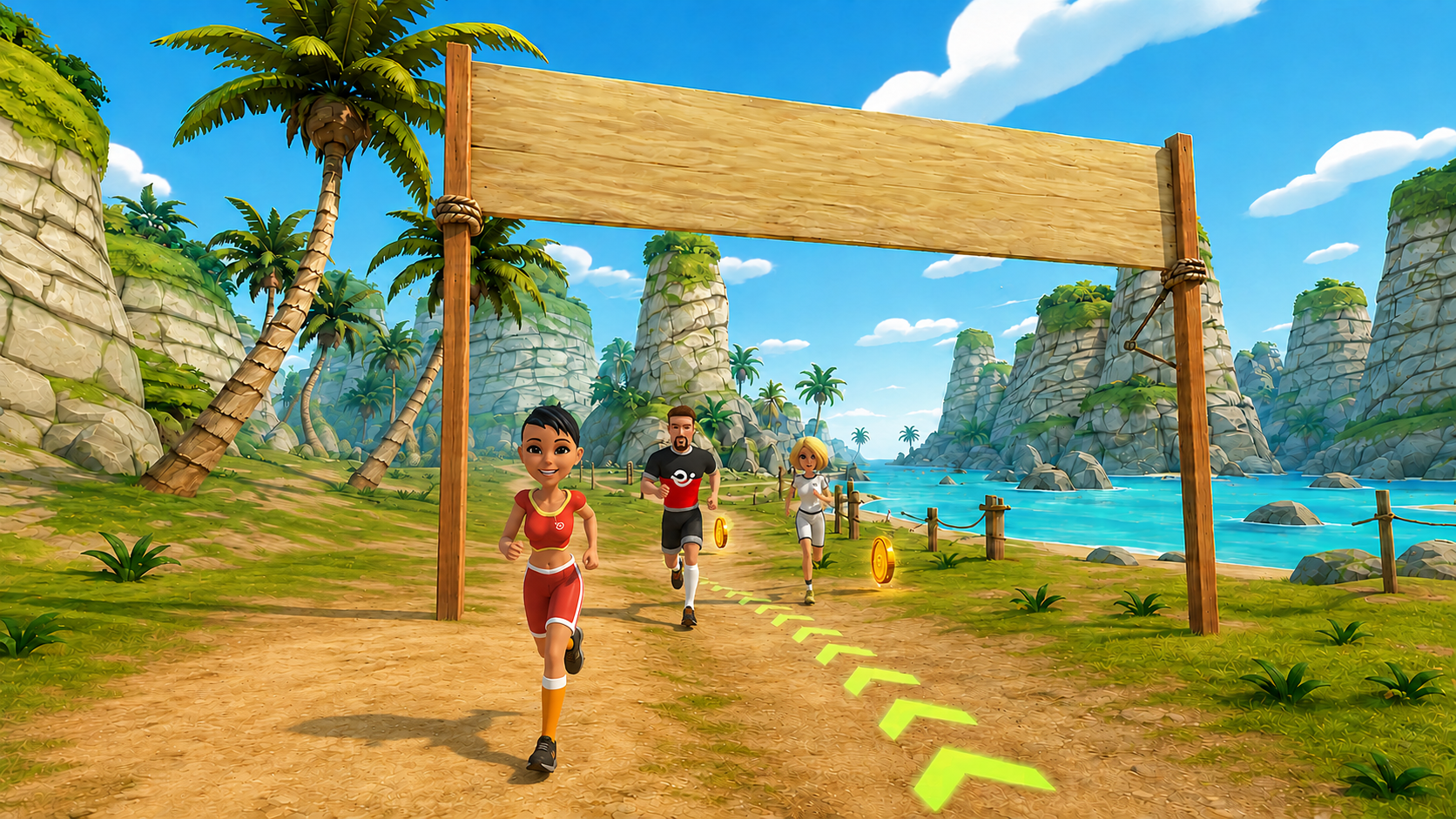 Aruba – Tropische virtuelle Erlebniswelt mit Küstenwegen, Palmen und Felsen für digitale Bewegungs-Challenges