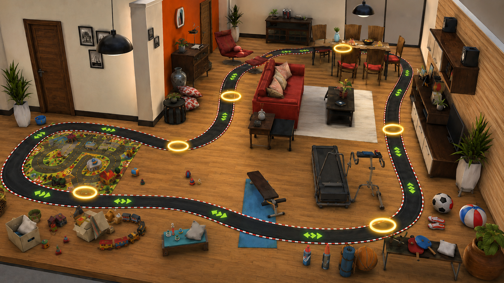 Interaktive Ingame-Strecke des Living Rooms mit sechs Hotspot-Bereichen in der idoSTARzn-Spielwelt