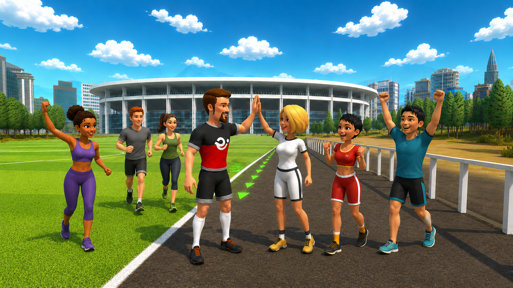 Eine vielfältige Avatar-Community erlebt den Trainingsplatz gemeinsam.
