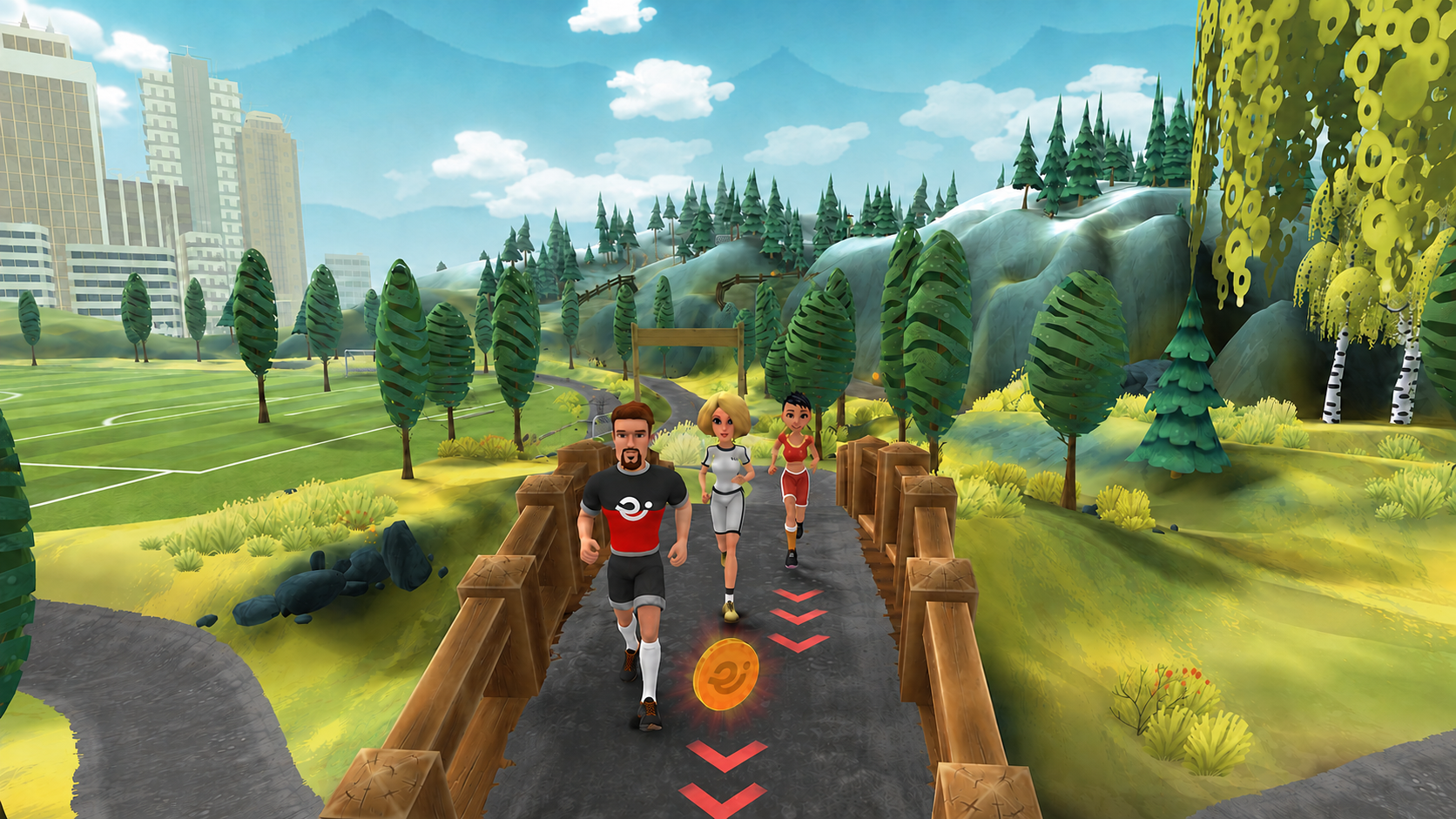Warm Up – Virtuelle Bewegungswelt mit grünen Landschaften, Fußball, Brücken und verschneiten Höhen für Sport & Fitness Challenges