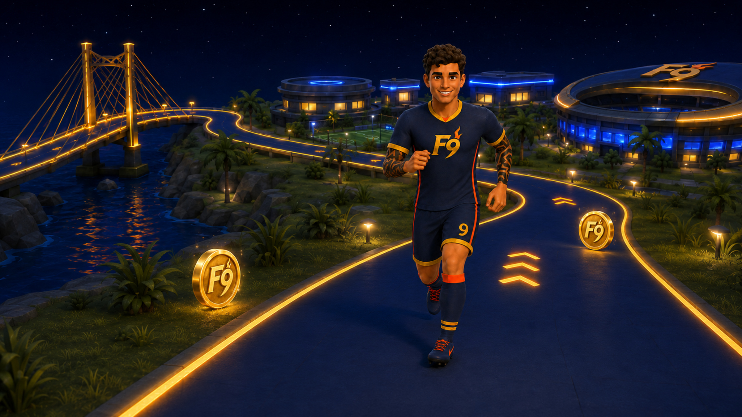 FUEGO9 läuft durch seine nächtliche digitale Star-Welt mit Leuchtbrücke und Stadion.