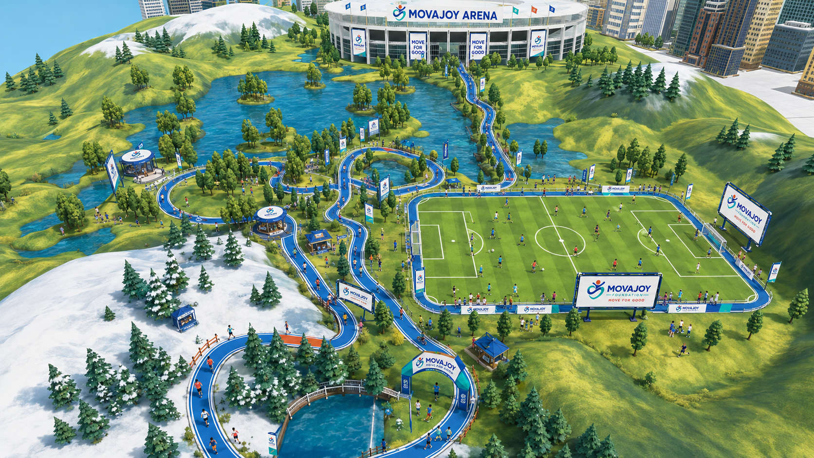 Movajoy Arena – aerial view of the phygital foundation world: digital ecosystem of a foundation from a bird's eye view